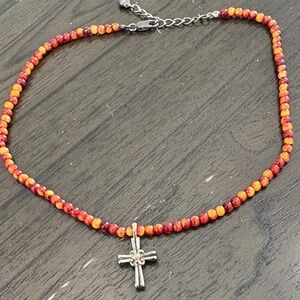 925 Beaded Red & Orange Cross Pendant Necklace - Women Jewelry